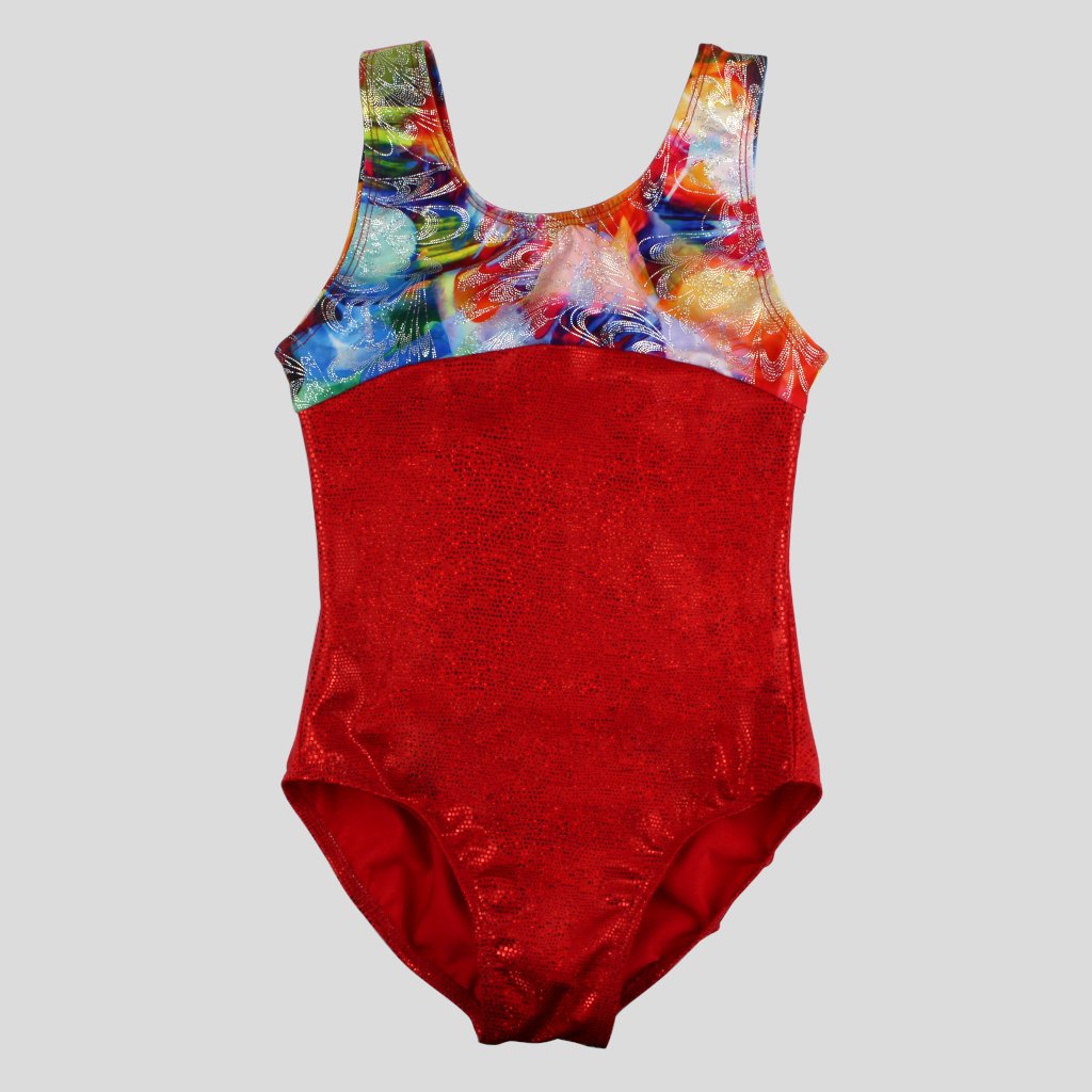 our limited edition foiled multiprint red leotard for gymnastics