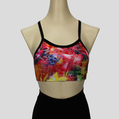 colourful foiled multiprint crop top with black cross straps