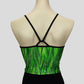 back view of the green glittery grass swirls  top with black straps