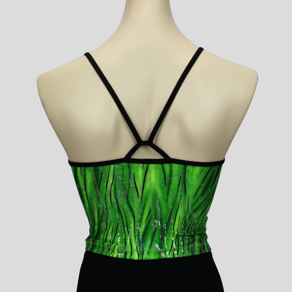 back view of the green glittery grass swirls  top with black straps