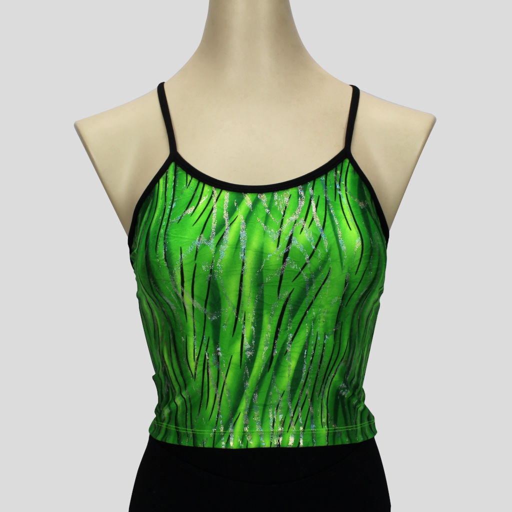 green glittery grass swirls top with black straps