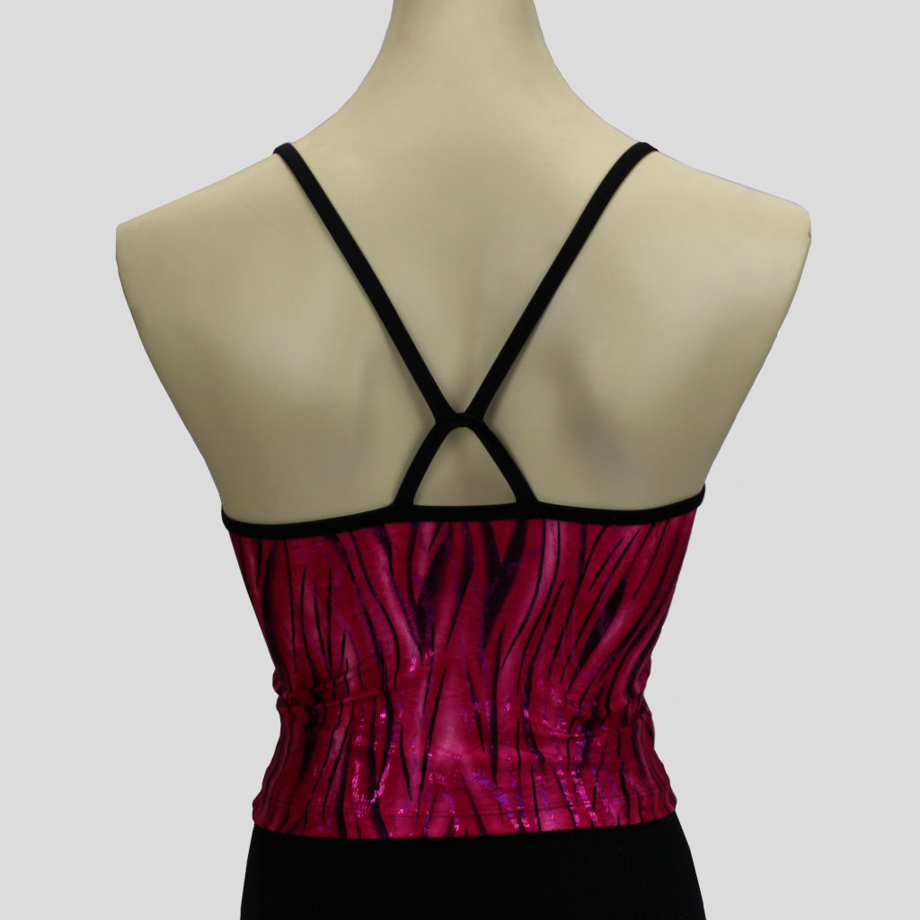 back view of the pink glittery grass swirls long crop top with black straps