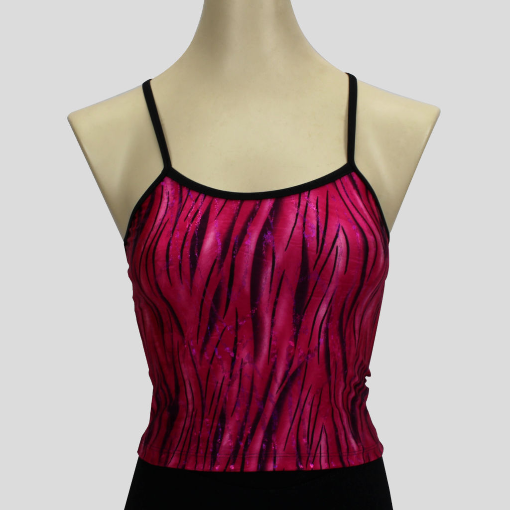 pink glittery grass swirls long crop top with black straps