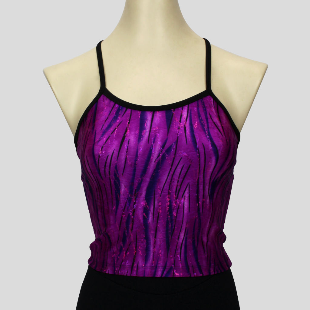 purple glittery grass swirls top with black straps