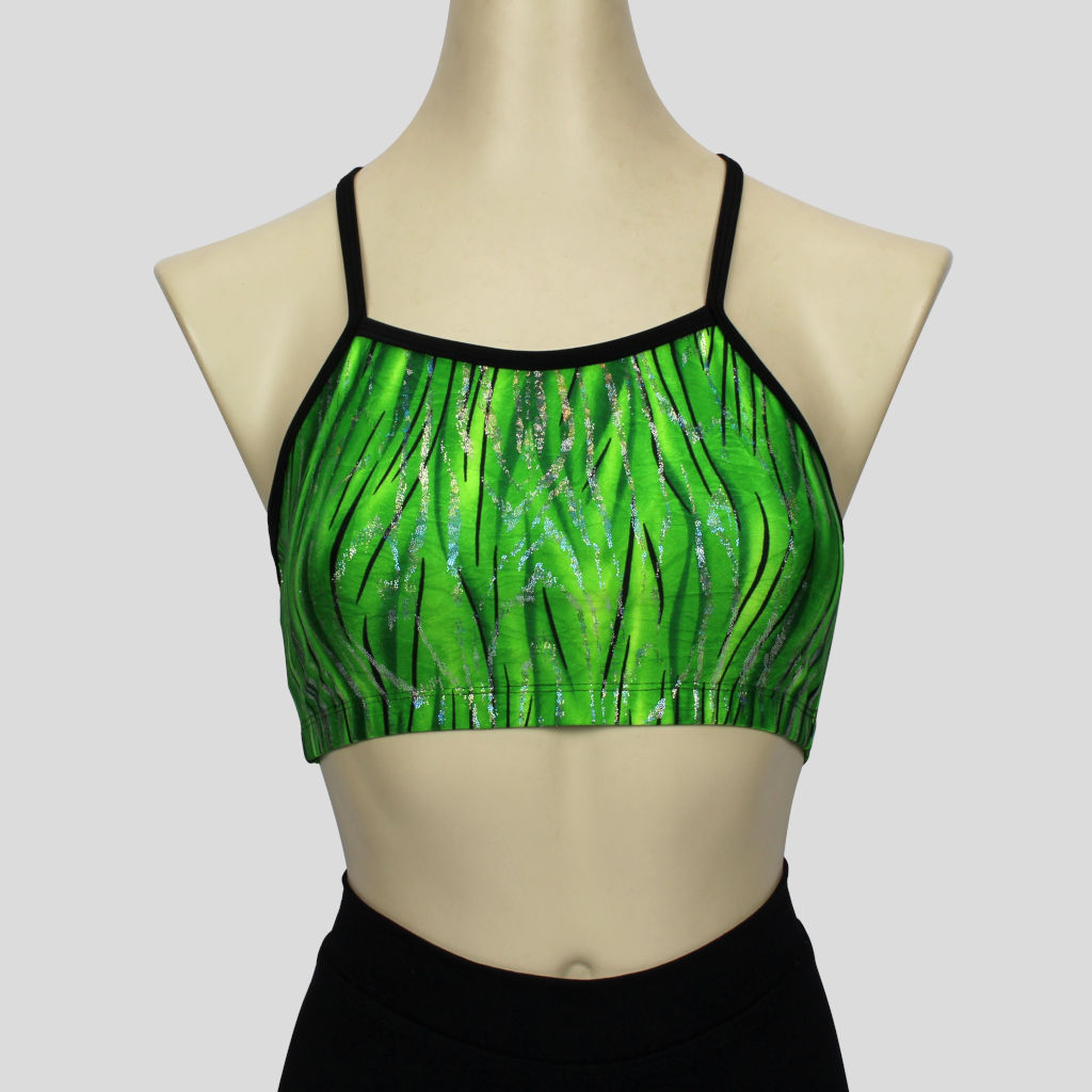 green glittery grass swirls crop top with black straps