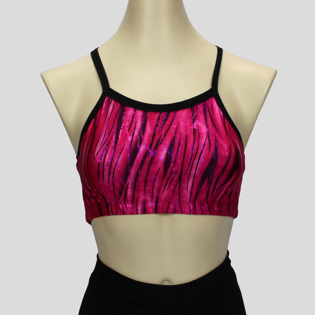 pink glittery grass swirls crop top with black straps