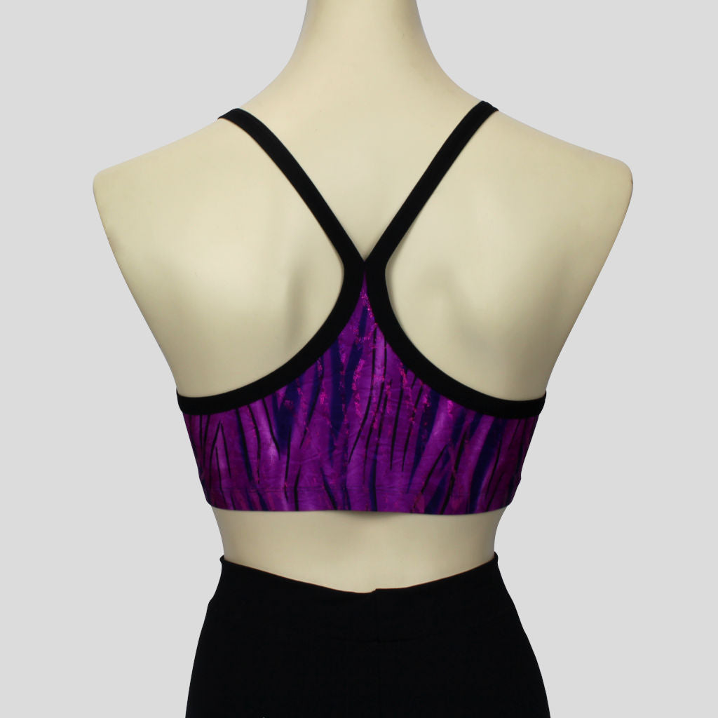 back view of the purple glittery grass swirls crop top with black straps
