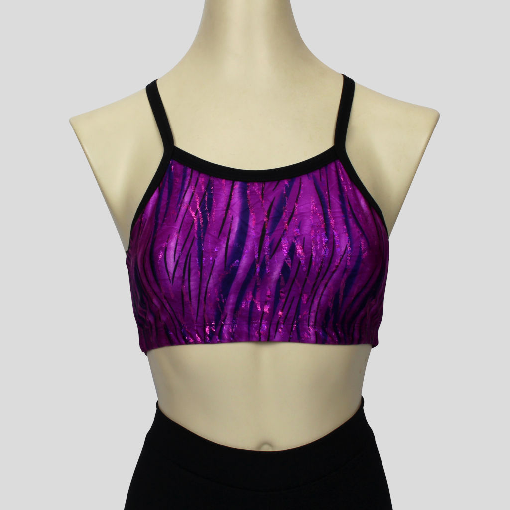 purple glittery grass swirls crop top with black straps