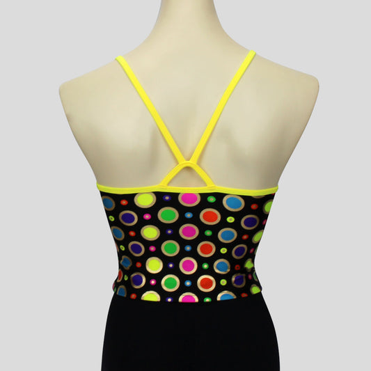 back view of the  gold ringed rainbow polka dots print top with yellow straps
