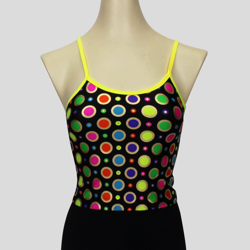 gold ringed rainbow polka dots print top with bright yellow straps