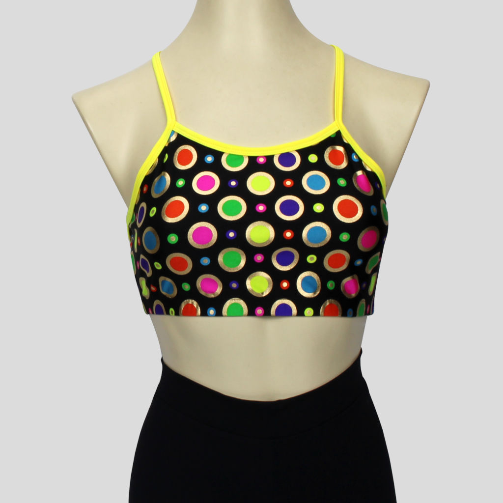 rainbow polka dots print crop top with bright yellow straps