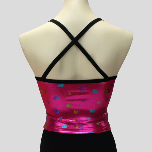 girls bright shimmery pink top with gradient dots and constrasting black crossover straps