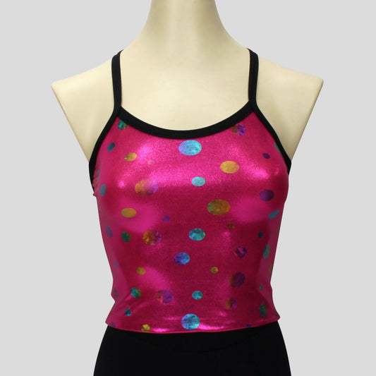 bright shimmery pink top with gradient dots and constrasting black straps