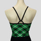 back view of the green & black tartan print top with black straps