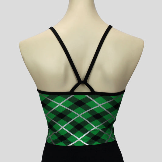 back view of the green & black tartan print top with black straps