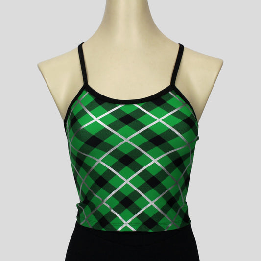 green & black tartan print top with black straps