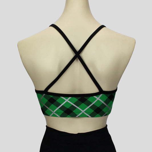 back view of the green & black tartan print short crop top with black straps