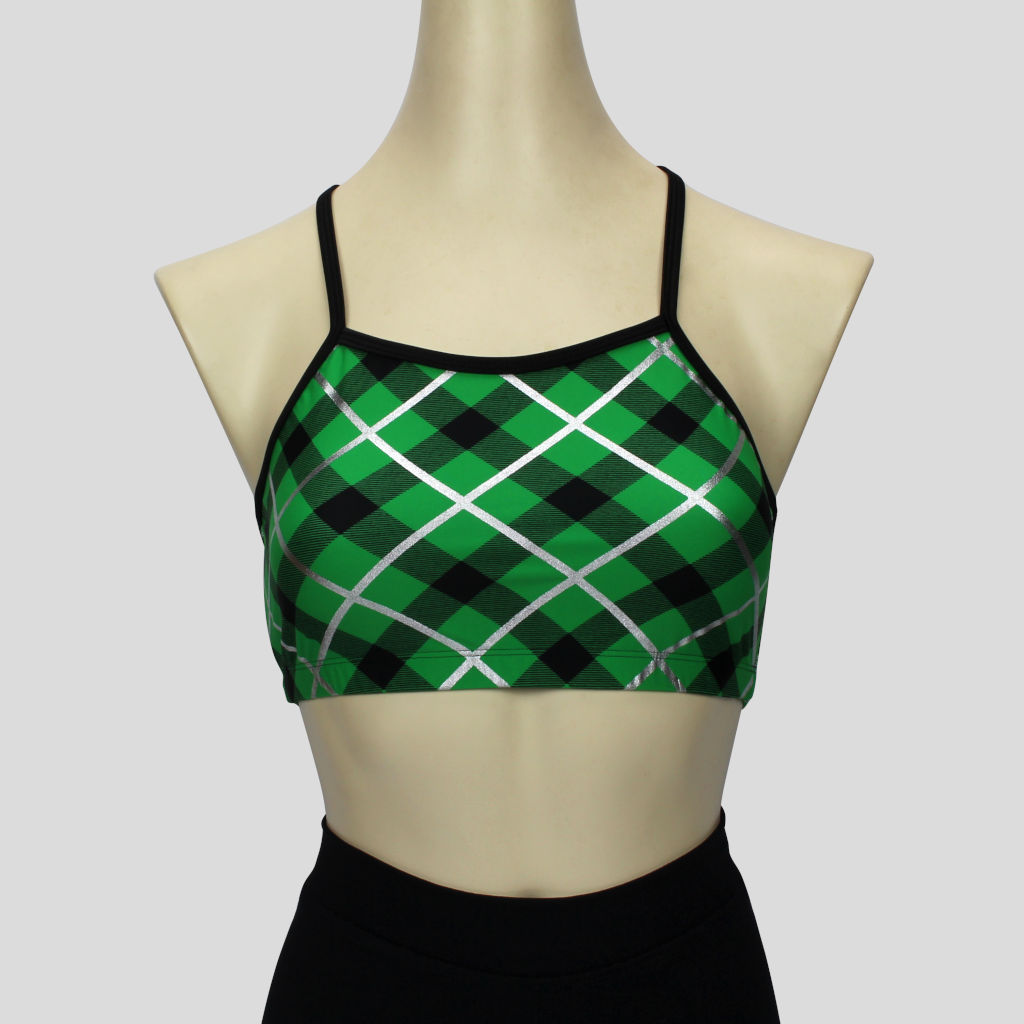 girls green & black tartan print short crop top with black straps
