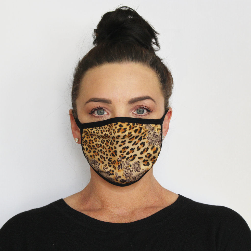 Front view of K-Lee Designs fabric face masks in animal print for women made in Australia