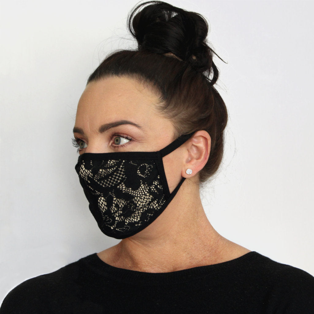 side view of the k-lee designs limited edition lace fabric face mask in nude with black lace made in Australia