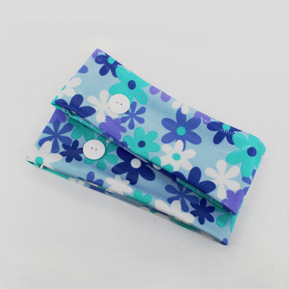 Ear saver button headband in floral print in shades of blue