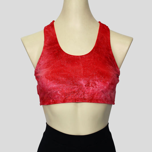 the classic crushed velvet crop top in a bright red shade with glitter