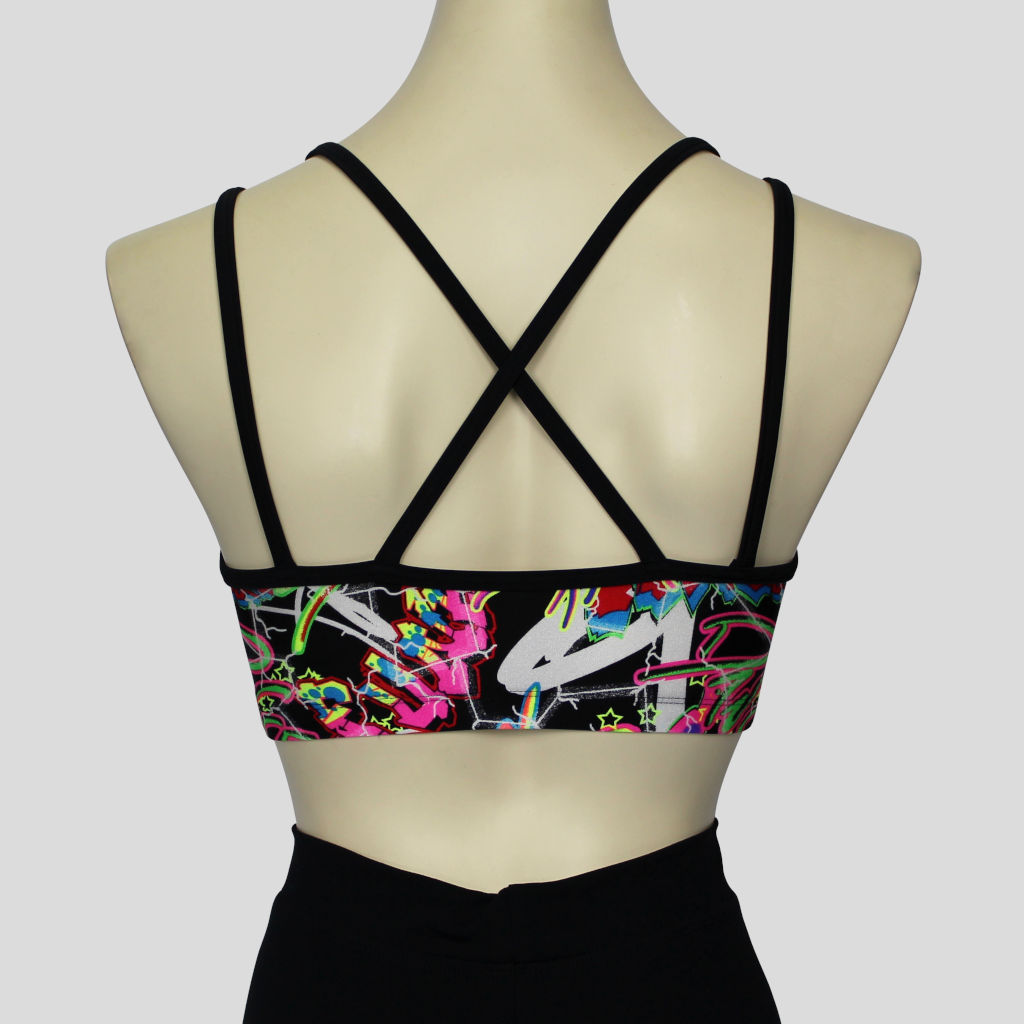 back view of the graffiti print crop top with double black straps