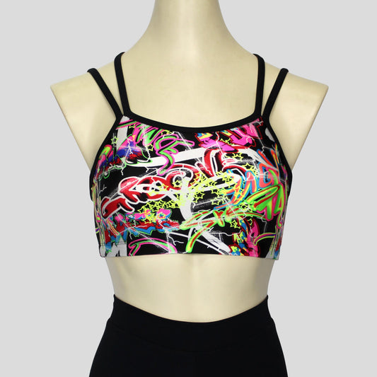 girls graffiti print crop top with double black straps