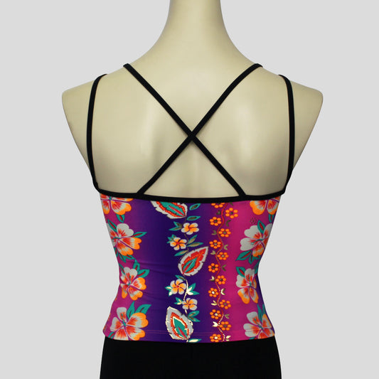 hawaiian floral print top with black crossover double strap detail
