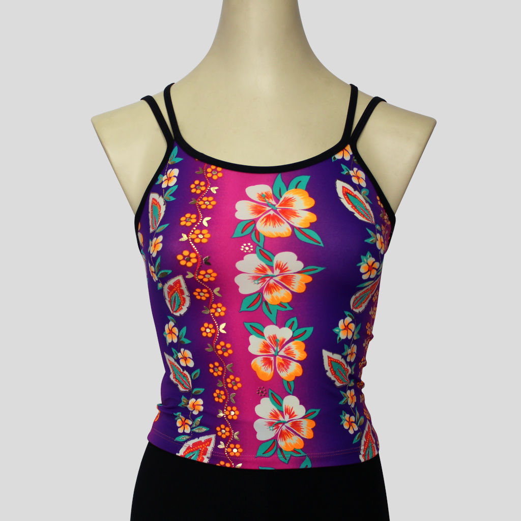 hawaiian floral print top with black crossover double strap detail