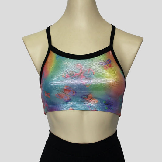 mystic butterflies print with foil overlay crop top accented with black shoulder straps