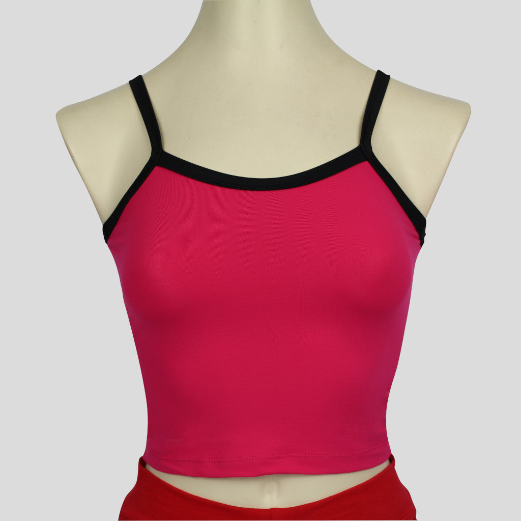 midriff crop top in a deep pink colour with contrasting black spaghetti straps