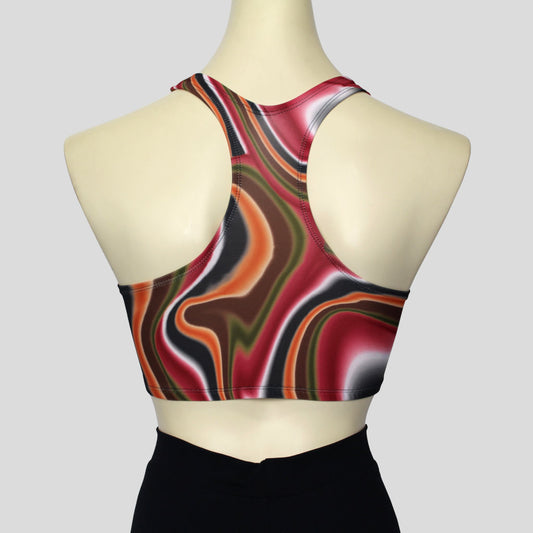 back view of the crop top with retro swirls in rusty hues