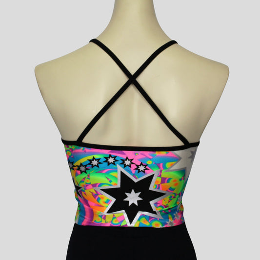 Back of the retro multi-burst crop top with crossover black straps along the upper back