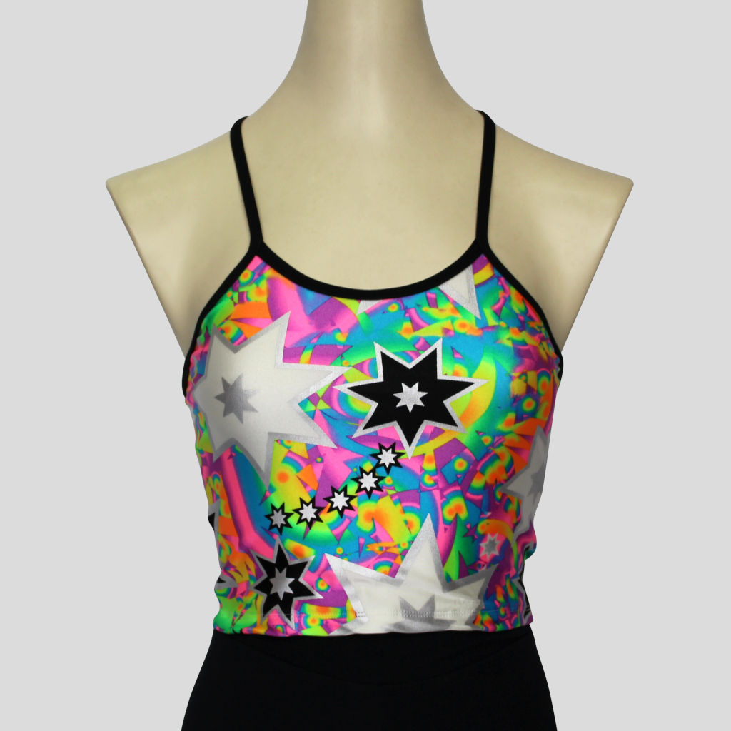 Girls' colourful retro multi-burst  with contrasting black shoulder straps