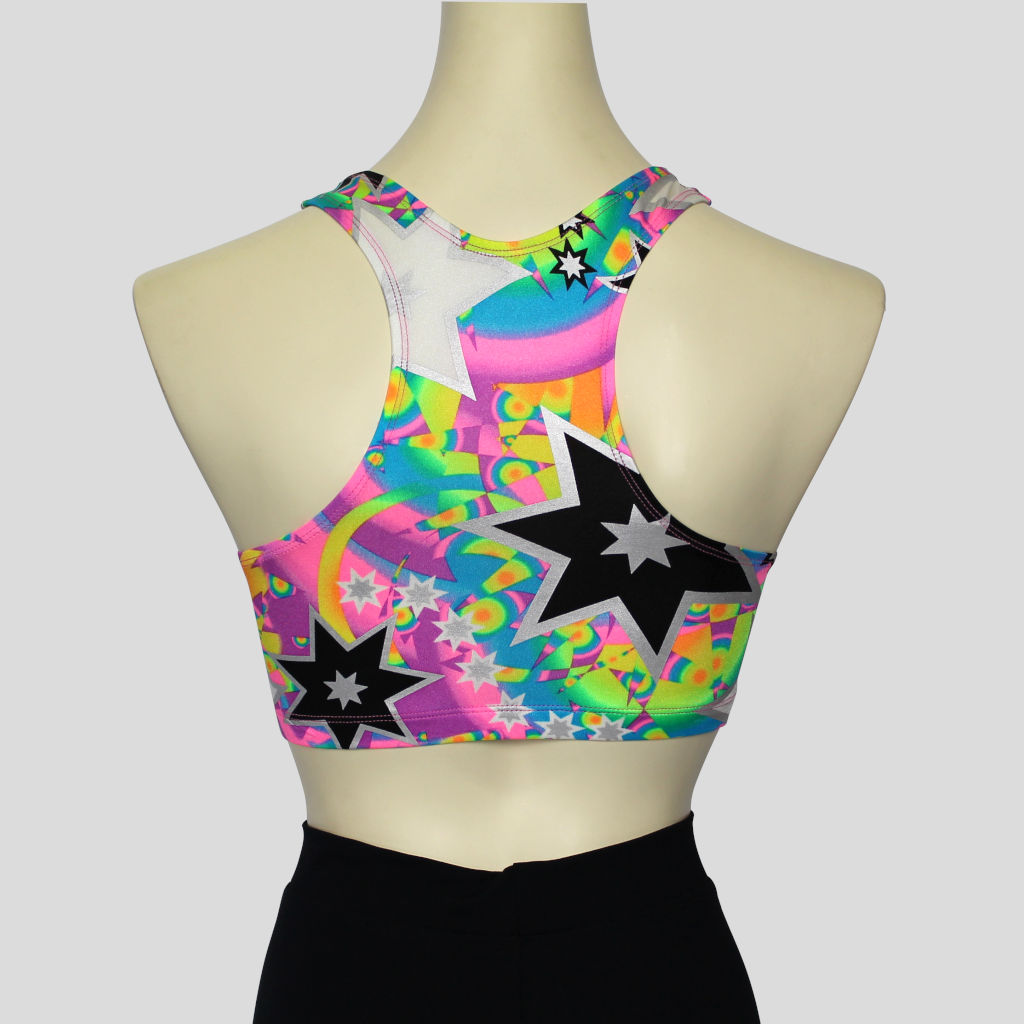 Back view of the girls' retro multi-burst crop top in a sportsback style