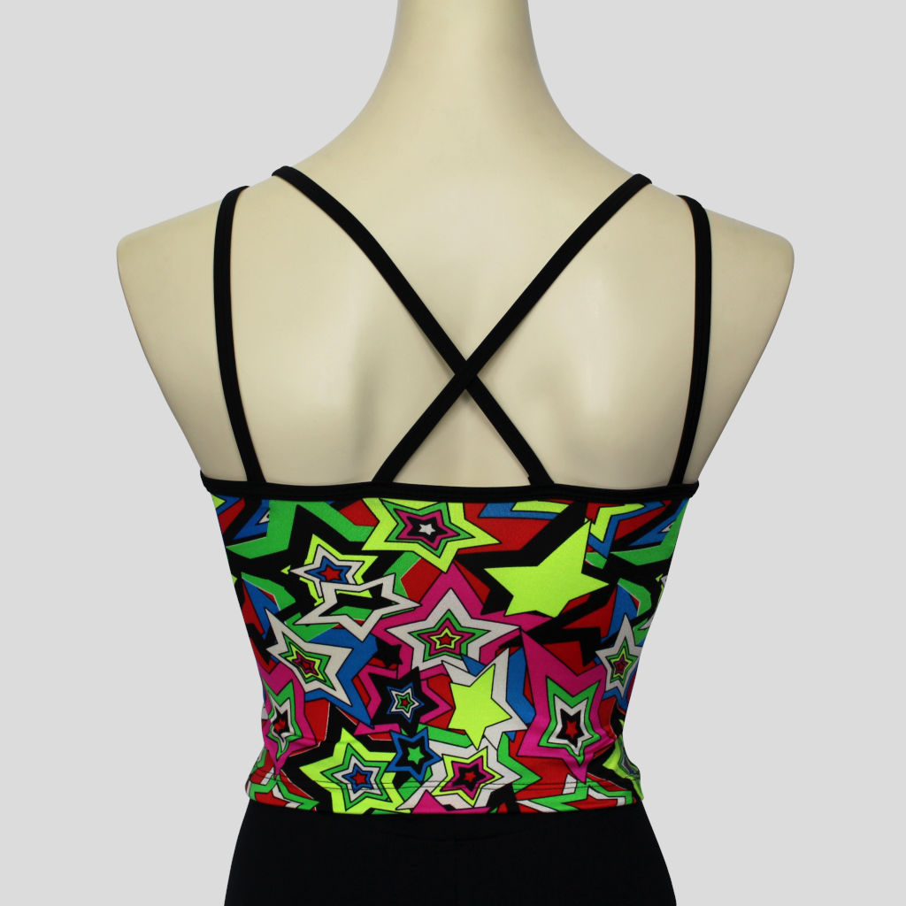 back of the colourful star burst top, with crossover straight black straps