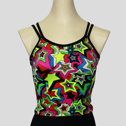 colourful and retro star burst top with complimenting double black straps