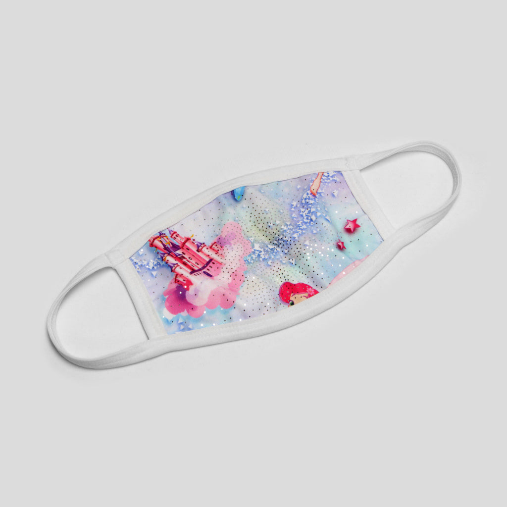 Children's Australian made fabric face mask with a cute magical fairy print decorated with silver speckles