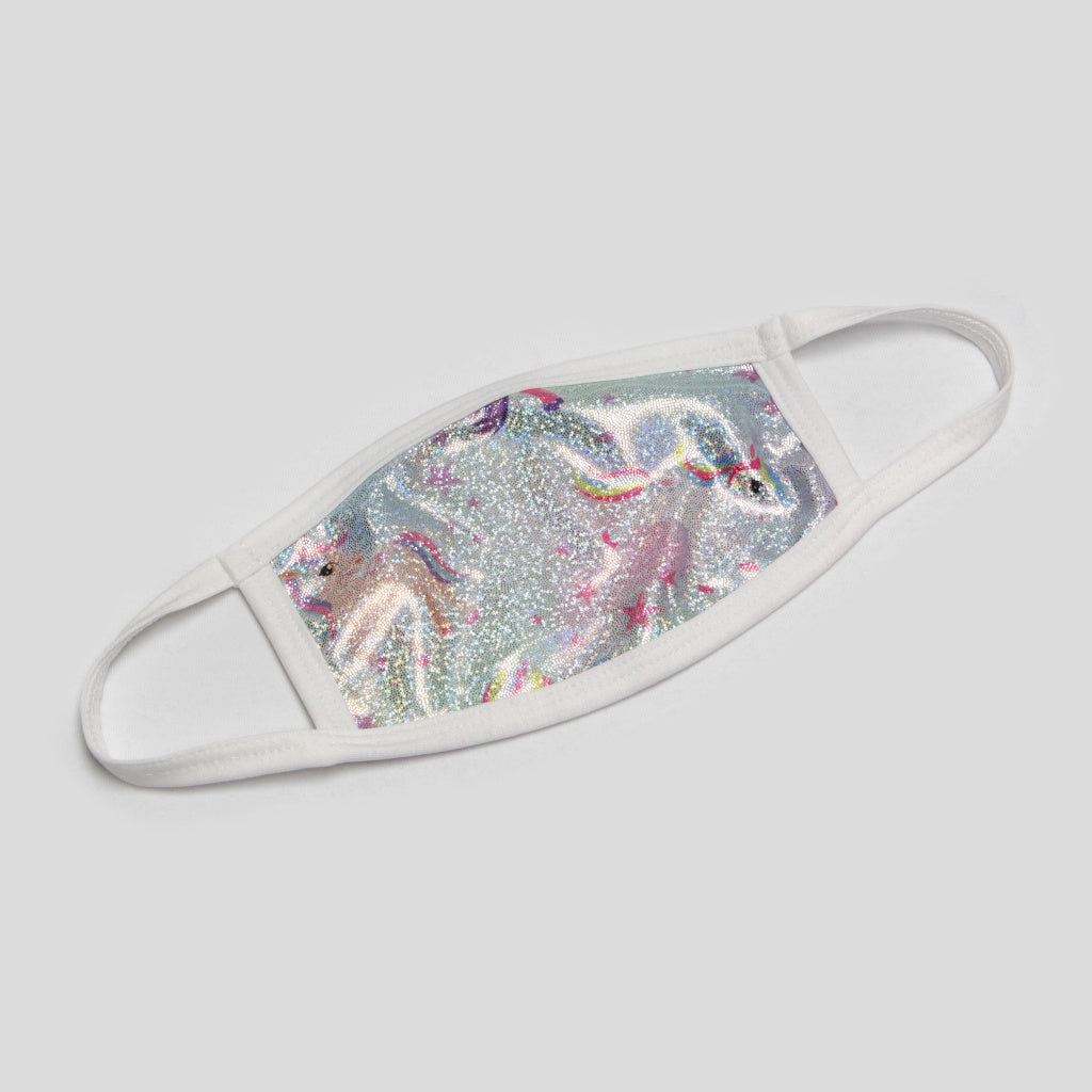 Children's Australian made fabric face mask with a very shiny and holographic fabric with unicorns all over