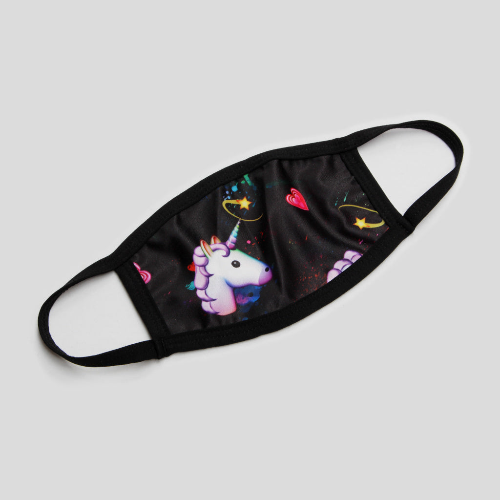 Children's Australian made fabric face mask with cute magical unicorns on a black background