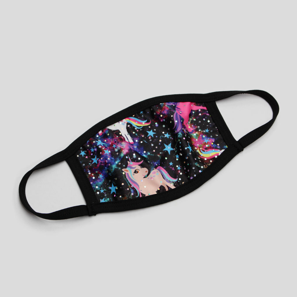 Children's Australian made fabric face mask that has colourful unicorns on a glittery galaxy background
