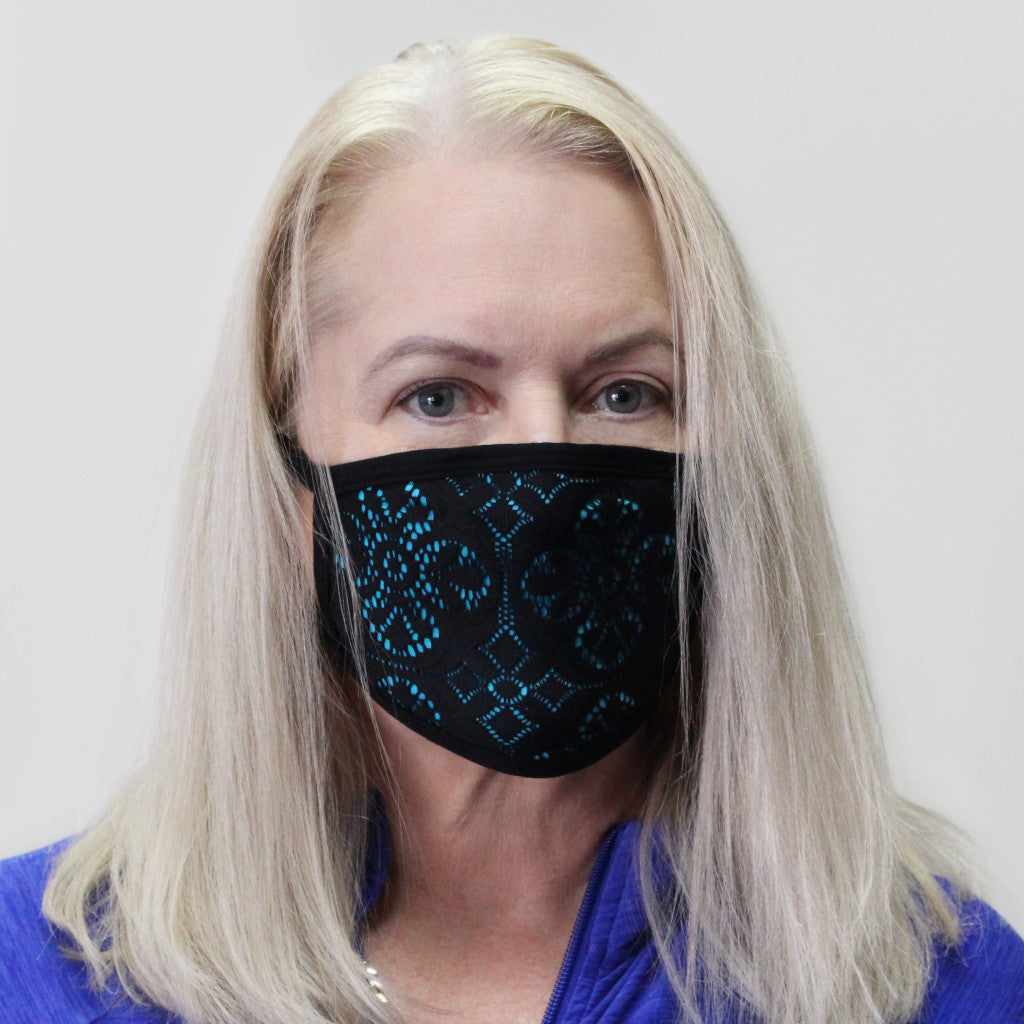 Woman wearing Australian made Bamboo Fabric face mask in an aquamarine shade with black bind and black lace