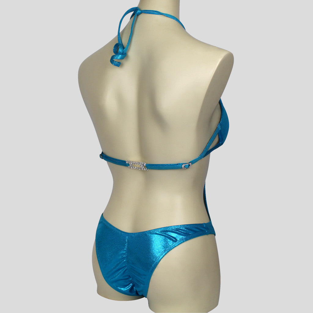 womens aqua bodybuilding one-piece set with back diamante clasp and tie around neck