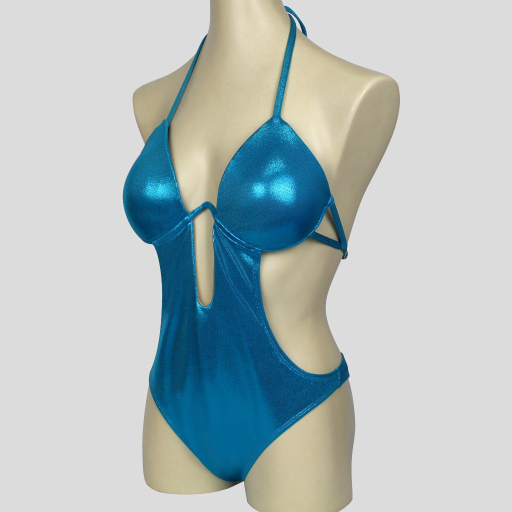 womens bodybuilding one piece bikini in aqua showing the cut-out designs