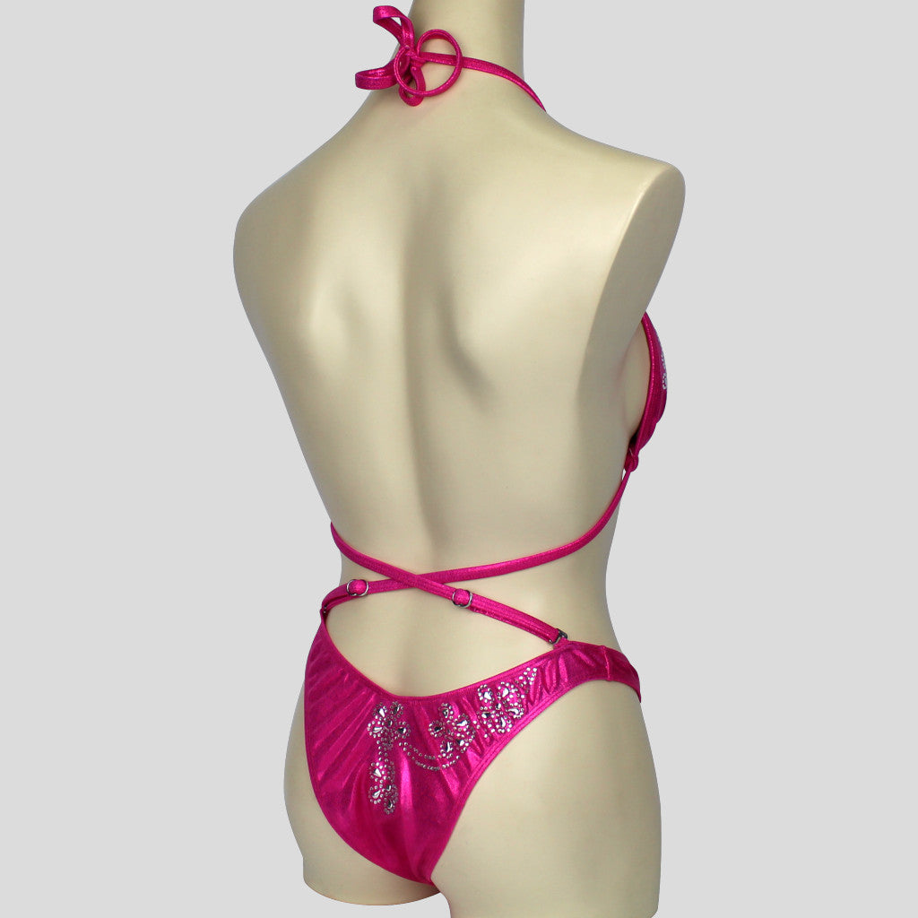 brazilian bodybuilding figure bikini set in fuchsia with crossover attaching straps