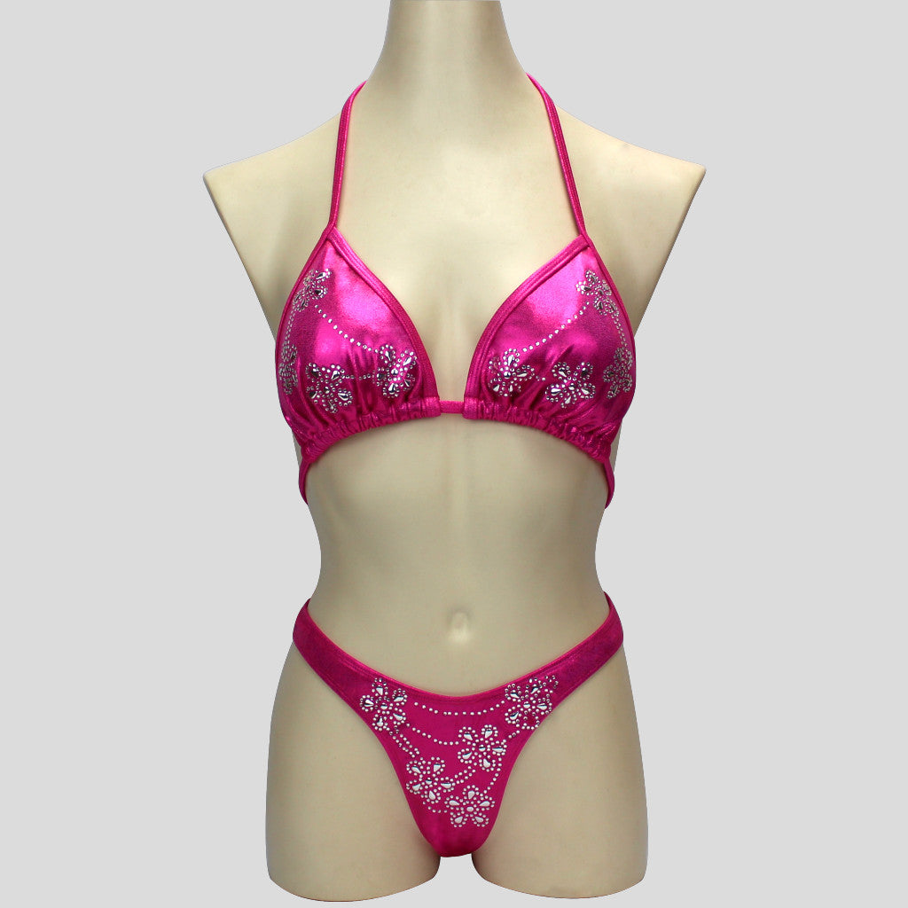 brazilian figure bodybuilding bikini set in fuchsia with crystal embellishments