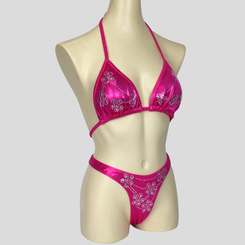 brazilian figure bodybuilding bikini set in fuchsia with diamante detailing