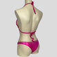 back of hot pink bodybuilding competition bikini with diamante bling and tie-up around neck and back
