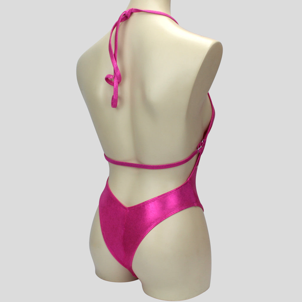 shiny pink mystique backless bodybuilding one piece with adjustable halter neck design